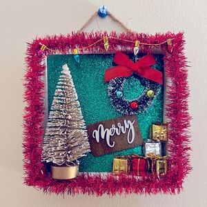 HANDMADE • Red Tinsel Christmas Shadow Box • 5.5 inch